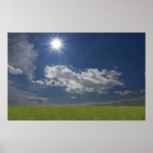 sparad grönt, blå himmel, vitmoln poster