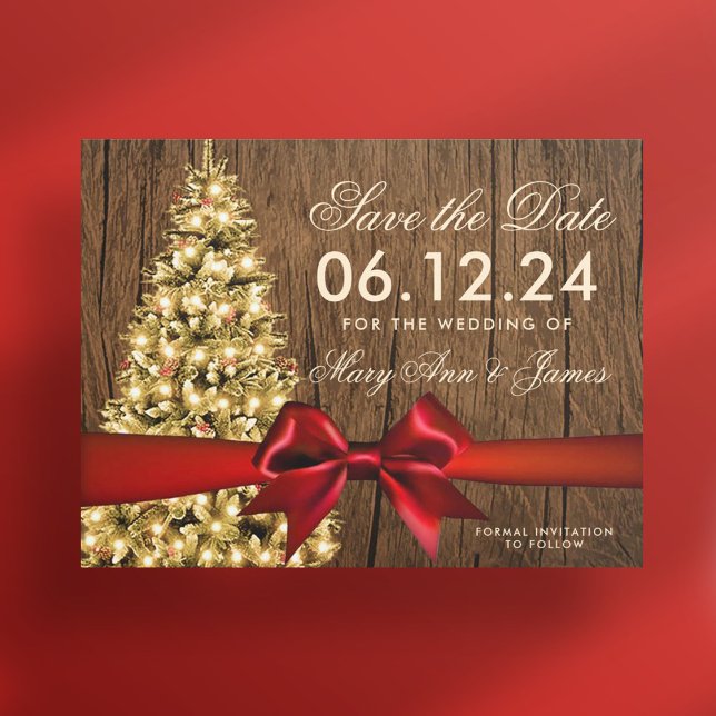Sparan Bröllop vid jul Träd och Ribbon Meddelande Vykort (Rustic Christmas Wedding Save Date Tree & Ribbon Announcement Postcard)