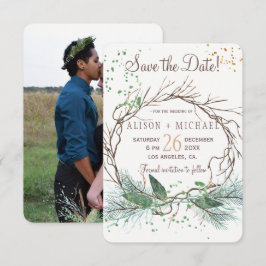 Sparan bröllop vid vinterkrans med enkel foto spara datumet