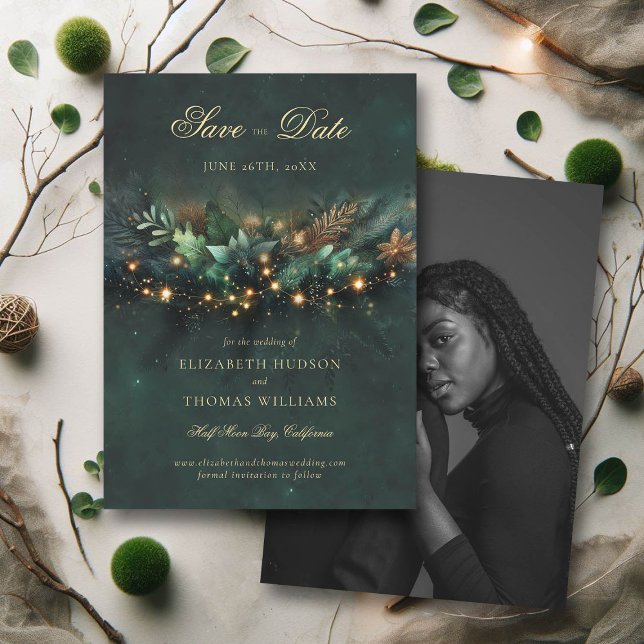 Sparan Foto Bröllop för Fairytale Forest Foto Inbjudningar (wedding save the date enchanted forest fairytale magical garden fairy lights gold calligraphy)