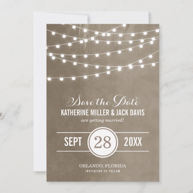Sparannons för 'Taupe String Lights Save the Date' Spara Datumet (Framsida)