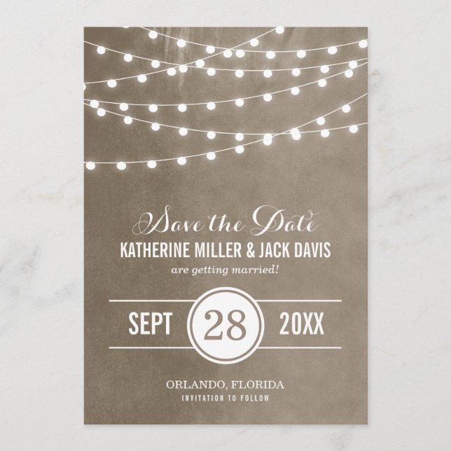 Sparannons för 'Taupe String Lights Save the Date' Spara Datumet (Framsida)