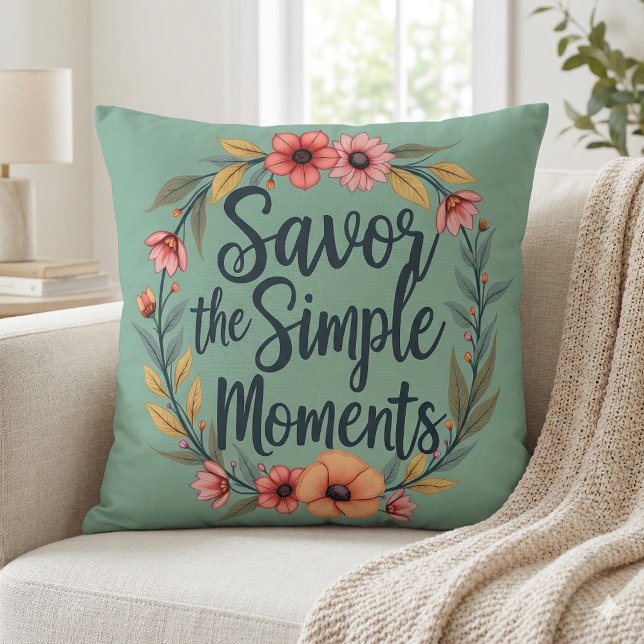 Sparar Blommigten Simple Moments Boho-citat Kudde (Savor the Simple Moments Boho Floral Quote Throw Pillow Mockup A)