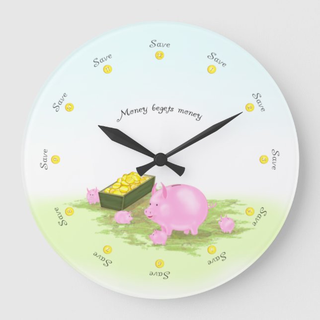 Sparar Clock Cute Piggy Bank-familjen Stor Klocka (Framsida)