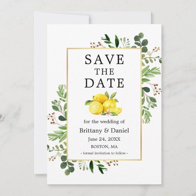 Sparar datumkortet med grekiska citroner i vattenf spara datumet (Framsida)