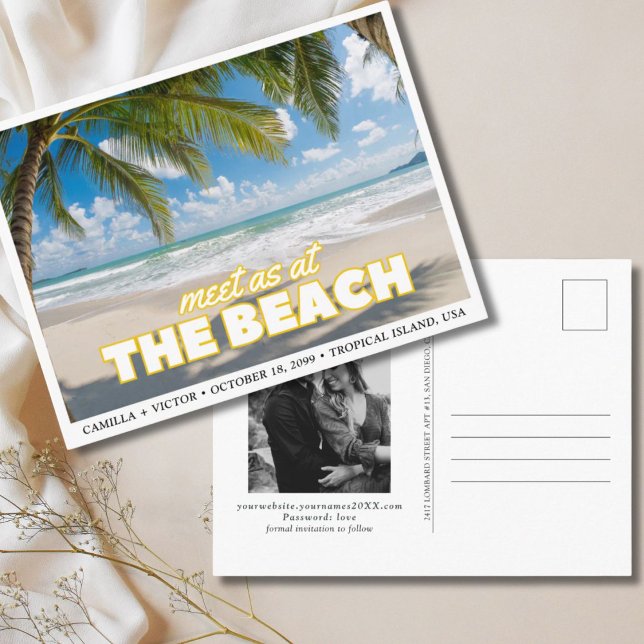 Sparar det preliminära vykortet vykort (Tropical Beach Wedding Save the Date Postcard
)
