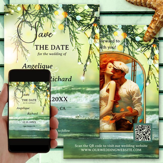 Sparar julklapp Foto Spara datumkort Spara Datumet (Christmas Wedding Save the Date Card featuring a teal green beach with sparkling lights on pine twig)