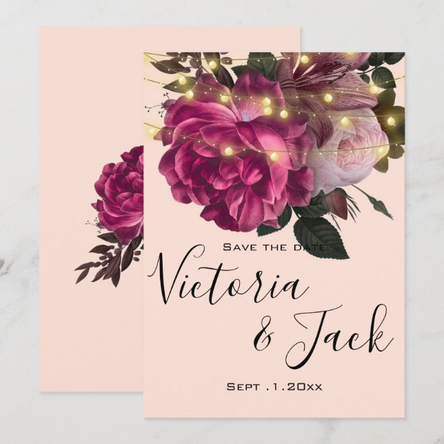 sparat datumet av strängljus Burgundy-blomma Inbjudningar (Fram/baksida)