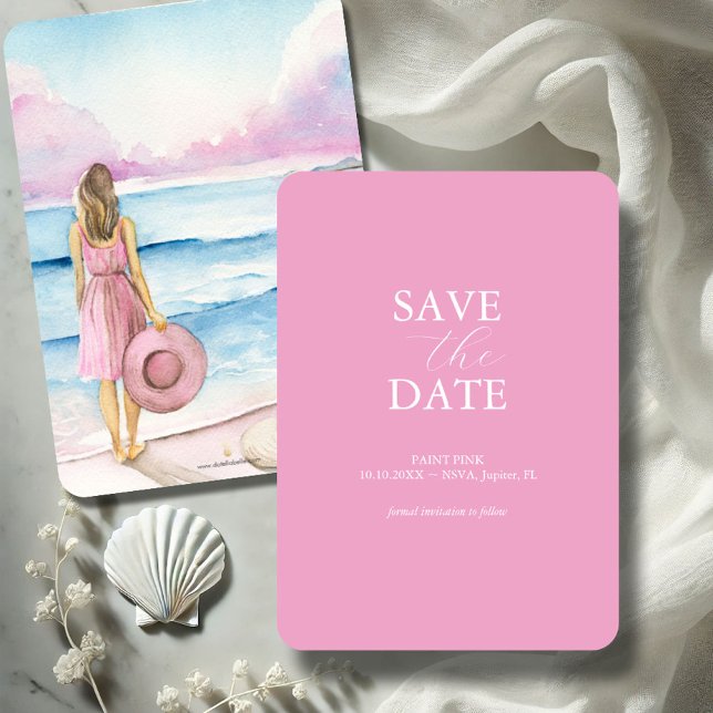 Sparat datumet vattenfärg för segment spara datumet (Pink save the date invitation with watercolor beach scene by Victoria Grigaliunas of Do Tell A Belle)