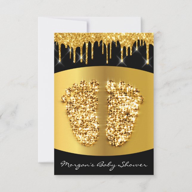 Spark Dricks Black Guld Royal Baby Shower Feet Boy Inbjudningar (Baksida)