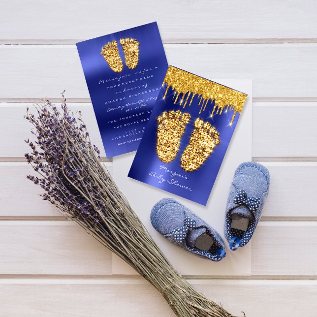 Spark Dricks Guld Royal Blue Baby Shower Feet Boy Inbjudningar (Skapare uppladdad)