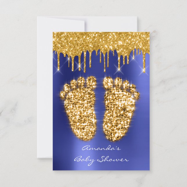 Spark Dricks Guld Royal Blue Baby Shower Feet Inbjudningar (Baksida)