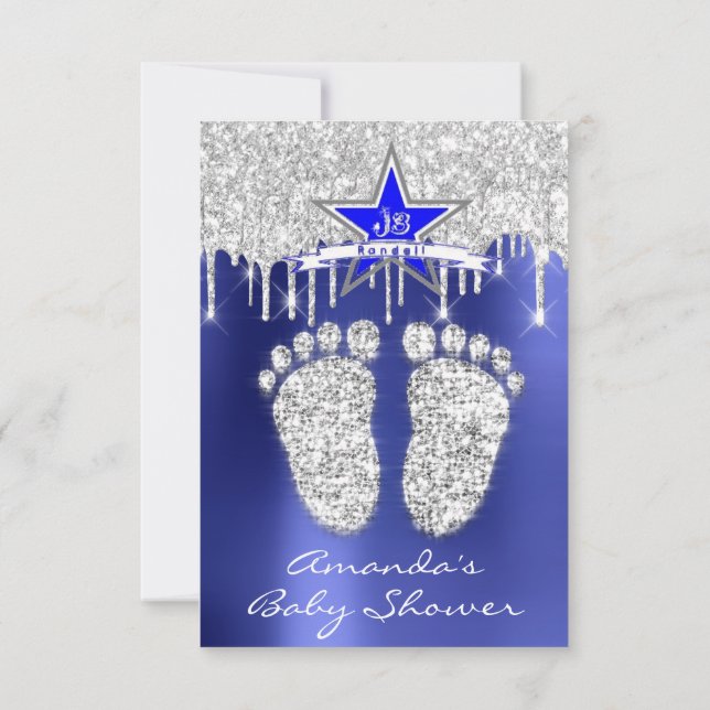 Spark Dricks Silver Royal Blue Baby Shower Feet Inbjudningar (Baksida)