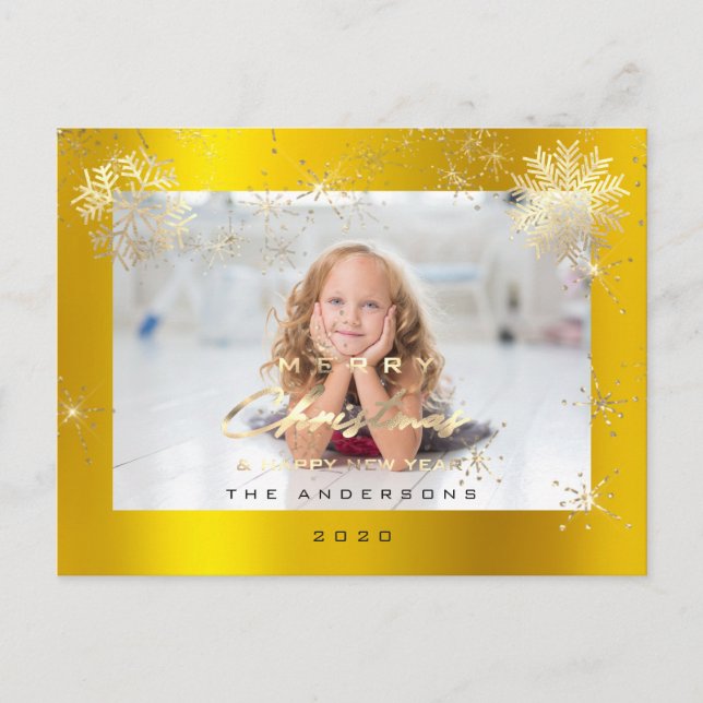 Spark foto för god jul Lycklig år Guld Snö Vykort (Framsida)