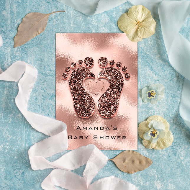 Spark Glitter Baby Shower Feet Ro Skin Glam VIP Inbjudningar (Baby Shower New Girl Boy Feet Glam Rose Blush3D Invitation)