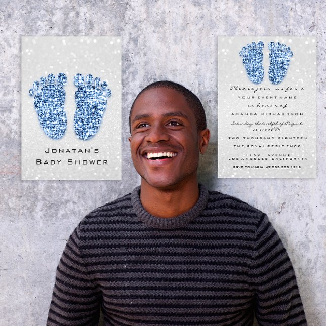 Spark Glitter Baby Shower Fewer Blue Silver Spark Inbjudningar (Spark Glitter Baby Shower Feet Blue Silver Spark Invitation)