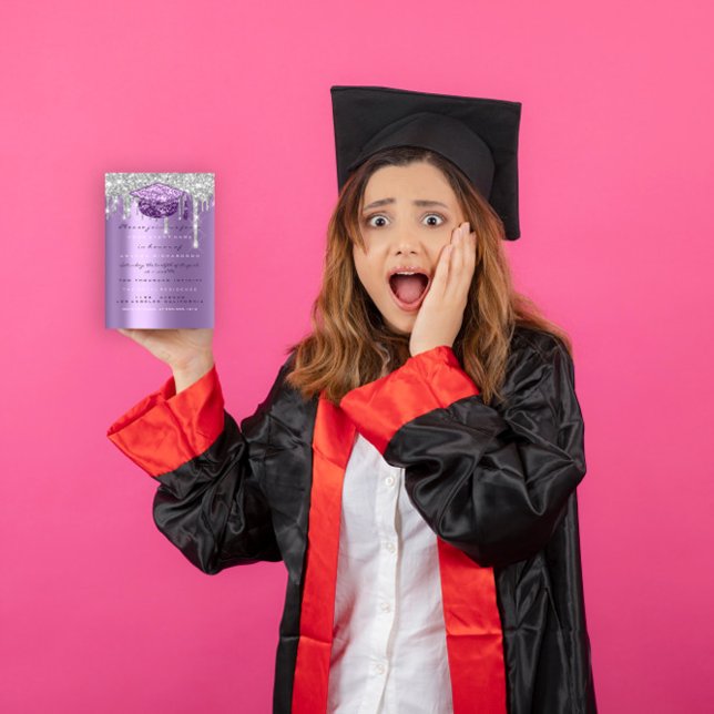Spark Glitter Drip Silver Lila Grått Student I Inbjudningar (Spark Glitter Drip Silver Purple Gray Graduate I Invitation)