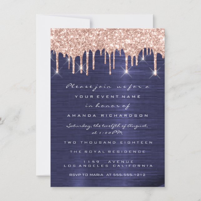 Spark Glitter Drips Ros Blå Marin  Bröllop 16e Inbjudningar (Framsida)