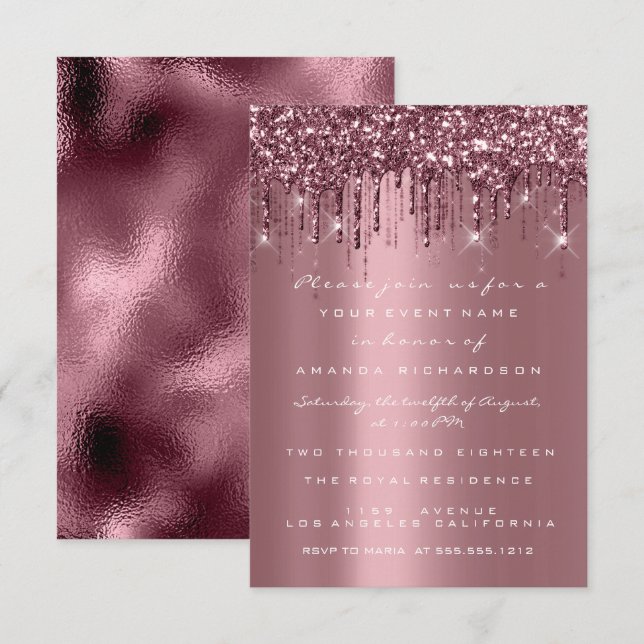 Spark Glitter Drips Ros Burgundy Bröllop Sweet 16t Inbjudningar (Fram/baksida)