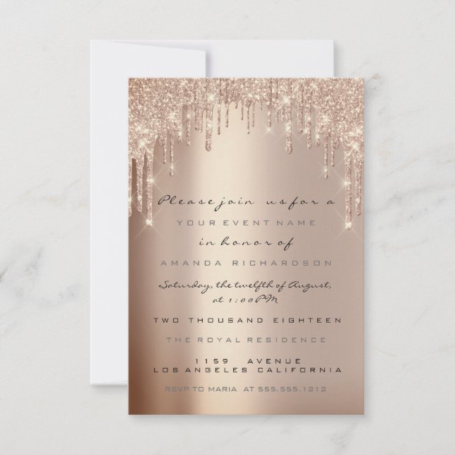 Spark Glitter Drips Rose Lyx Bröllop Sweet 16 Inbjudningar (Framsida)
