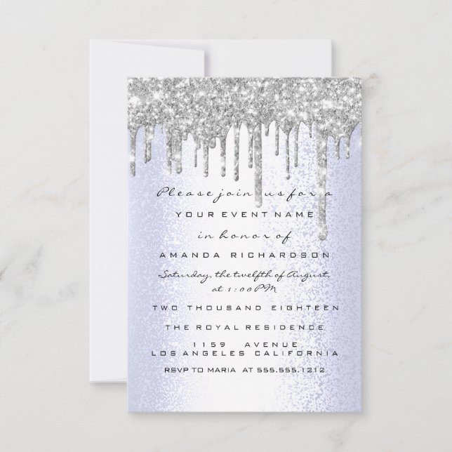 Spark Glitter Drips Silver Blue Möhippa Sweet 16:e Inbjudningar (Framsida)