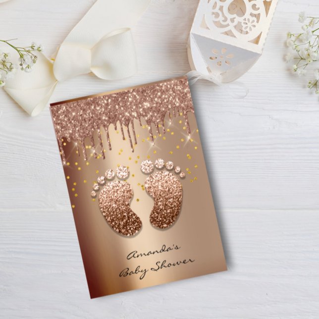 Spark Glitter driver babyfoten Ro Guld i Inbjudningar (Spark Glitter Drips Rose Gold Baby Shower Foot Invitation)