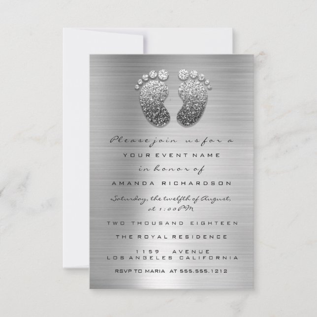 Spark Glitter driver Silver Grått Baby Shower Foot Inbjudningar (Framsida)