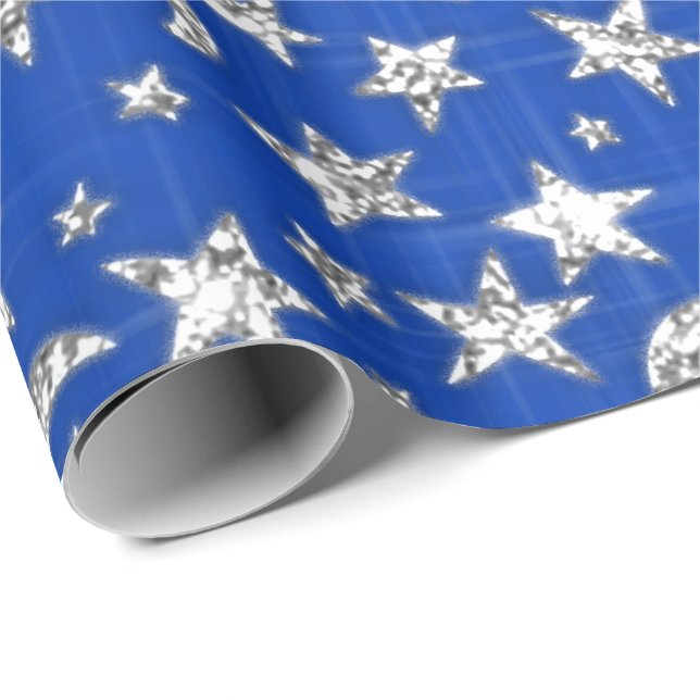 Spark Silver Grått Grått Stars Måne Blue Indigo Presentpapper (Rullad Hörn)