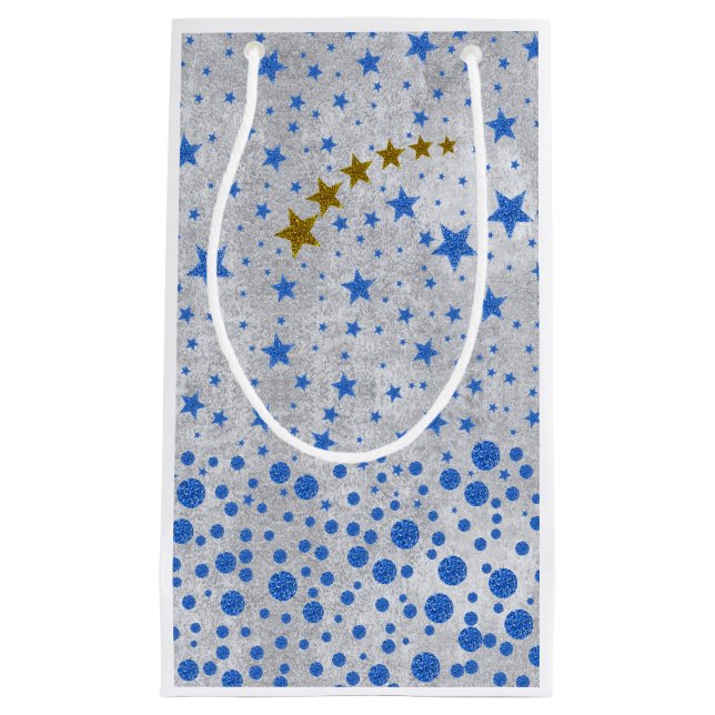 Sparka blå stjärnor på abstrakt silver papper (Framsidan)
