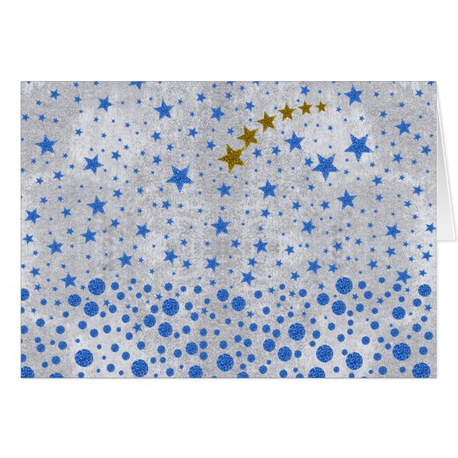 Sparka blå stjärnor på abstrakt silver papper hälsningskort (Framsidan Horizontal)