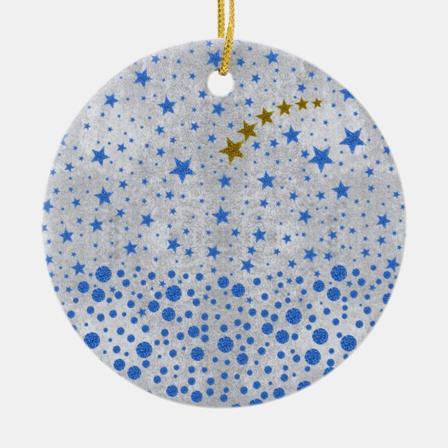 Sparka blå stjärnor på abstrakt silver papper julgransprydnad keramik (Framsidan)