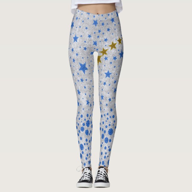 Sparka blå stjärnor på abstrakt silver papper leggings (Framsida)