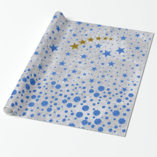 Sparka blå stjärnor på abstrakt silver papper presentpapper