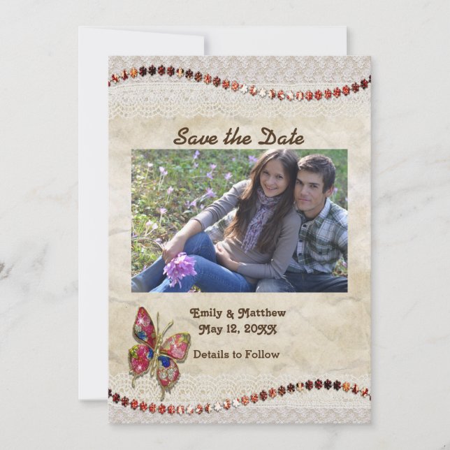 Sparka fjäril, Snöre & Parchment Spara datum Datumet (Framsida)