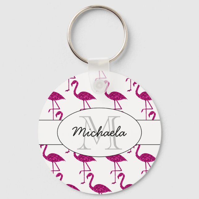 Sparkade flamingo Rosa-gnistor mönster Monogram Nyckelring (Framsida)