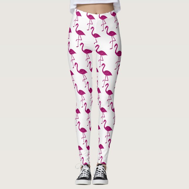 Sparkade flamingo Rosa-gnistor mönster vit Leggings (Framsida)