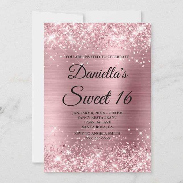 Sparkade Ljusa rosa Glitter- och oljesockar 16 Inbjudningar (Framsida)