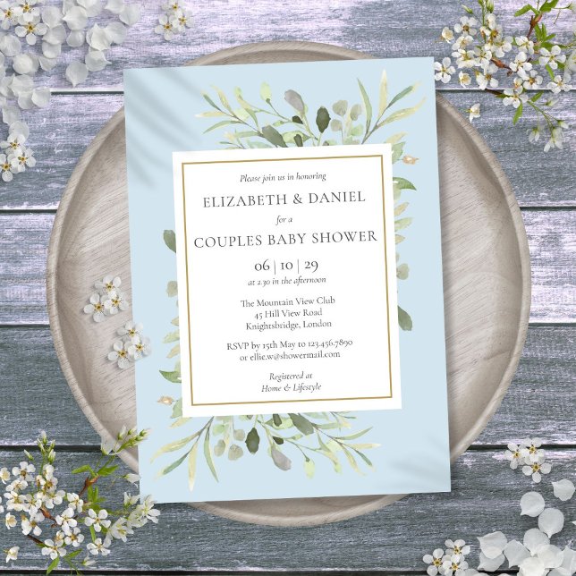 Sparkar för bebis blå eukalyptus grönska inbjudningar (Couples Baby Shower Blue Eucalyptus Greenery Invitation)