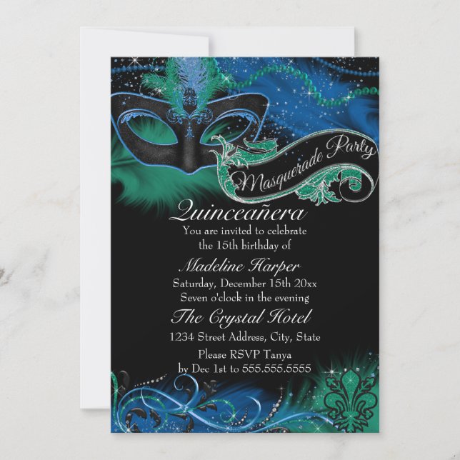 Sparkle Blå & Grön Maskerad Quinceanera Inbjudningar (Framsida)