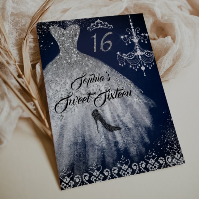 Sparkle Diamond Klänning Navy Silver Sweet 16 Inbjudningar (Skapare uppladdad)