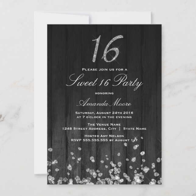 Sparkle Diamond svart silver Sweet 16 Inbjudan (Framsida)