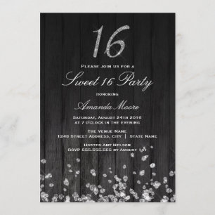 Sparkle Diamond svart silver Sweet 16 Inbjudan