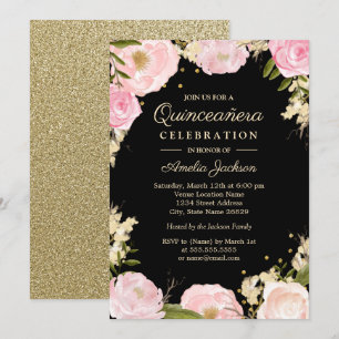 Sparkle Floral Guld Rosa Svart Quinceanera Inbjudningar