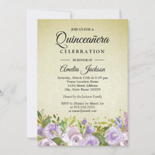 Sparkle Floral Lila Guld Quinceanera Inbjudan
