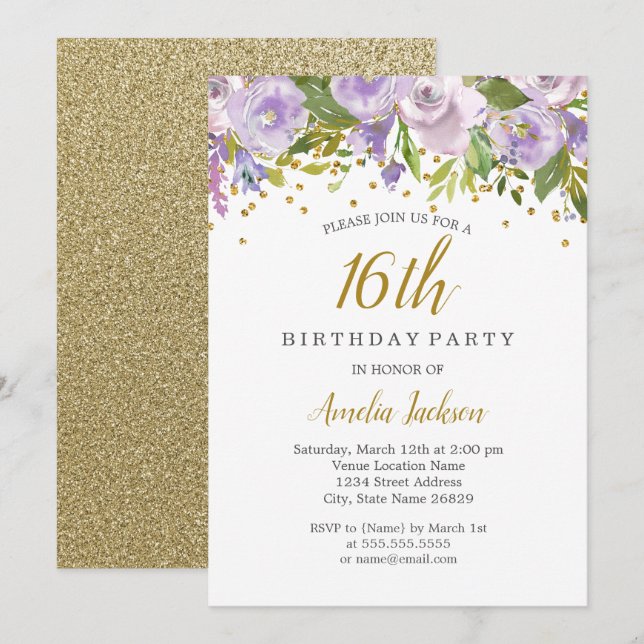 Sparkle Floral Purple 16-års födelsedagsinbjudan Inbjudningar (Fram/baksida)
