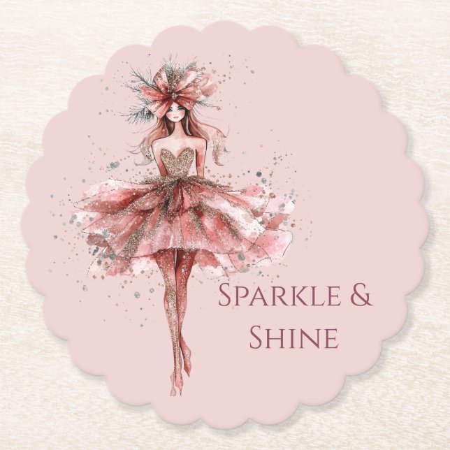 Sparkle Girl in Pink Rose Gold Dress Underlägg Papper (Framsida)