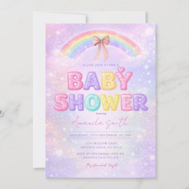 Sparkle Glitter rainbow baby shower with Bow Inbjudningar (Framsida)