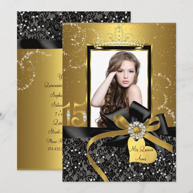 Sparkle Gold Spets & Bow Foto Quinceanera Inbjudningar (Fram/baksida)