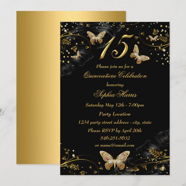 Sparkle Gold Svart Fjäril Quinceanera Inbjudan (Fram/baksida)