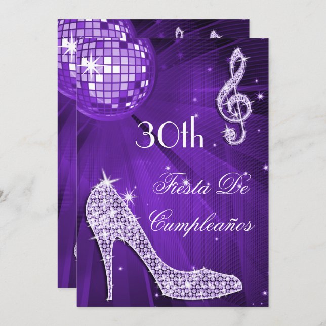 Sparkle Heels Purple Disco Ball 30th Birthday Inbjudningar (Fram/baksida)